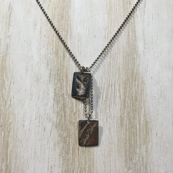 AUTHENTIC VERY HTF PLAYBOY STERLING BUNNY & HUGH HEFNER DOG TAG NECKLACE 17.5" - Picture 2 of 14